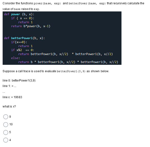 Consider the functions power (base, ﻿exp) ﻿and | Chegg.com