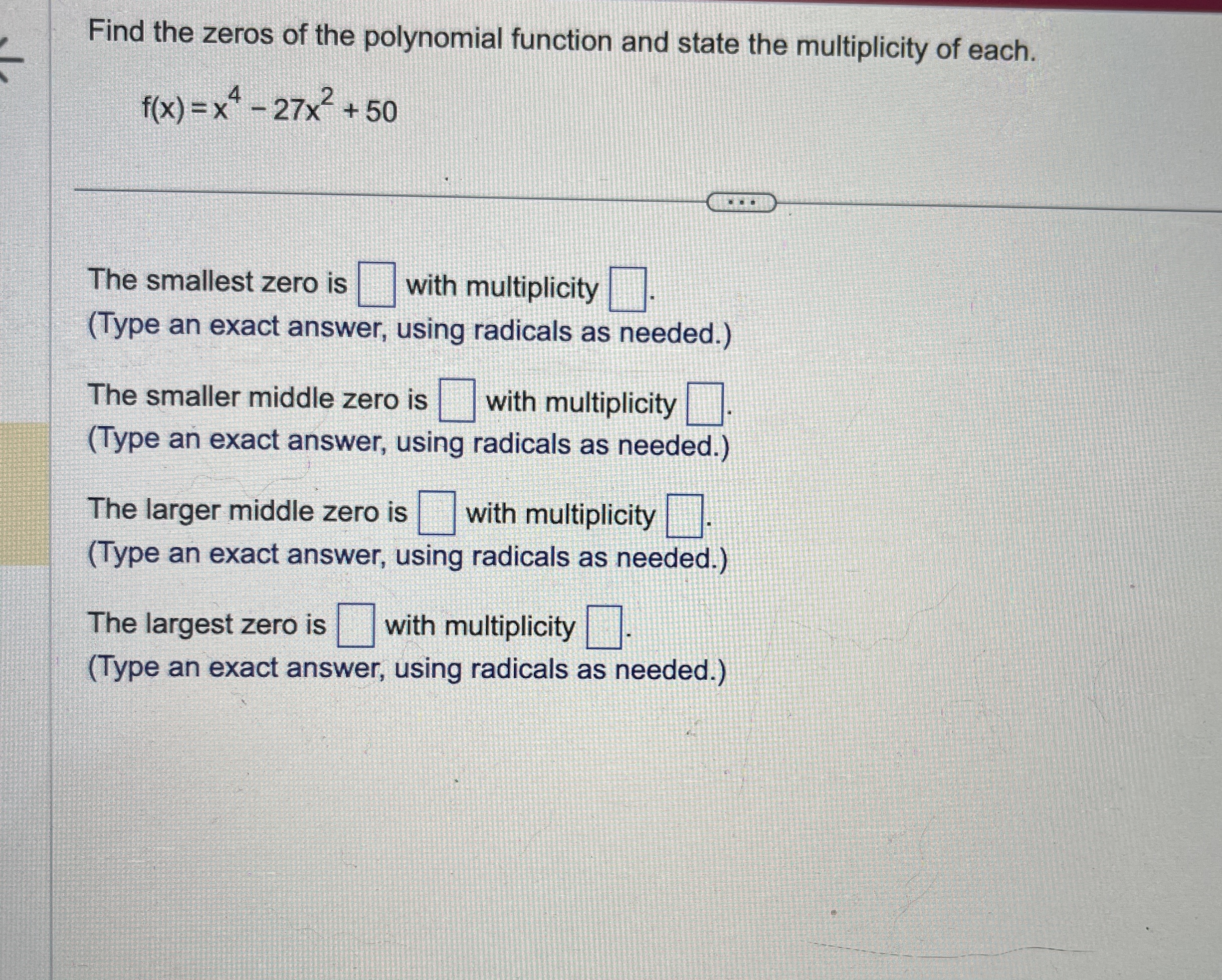 Solved Find the zeros of the polynomial function and state | Chegg.com