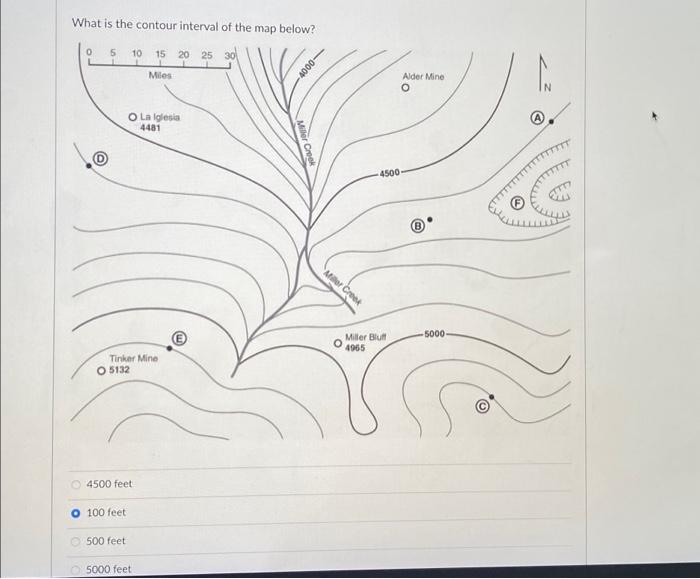 Solved What is the contour interval of the map below? 0 5 O | Chegg.com