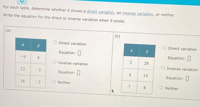 Solved For each table, determine whether it shows a direct | Chegg.com