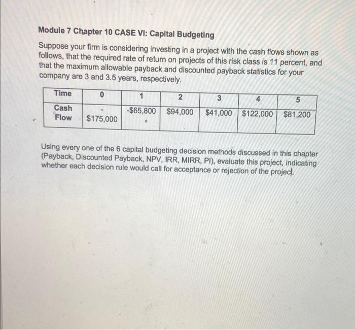 Solved Module 7 Chapter 10 CASE VI: Capital Budgeting | Chegg.com