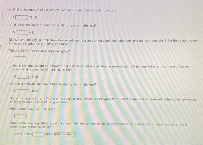 a. What is the amount of excess reserves in this commercial banking system?
billion
What is the maximum amount the banking sy