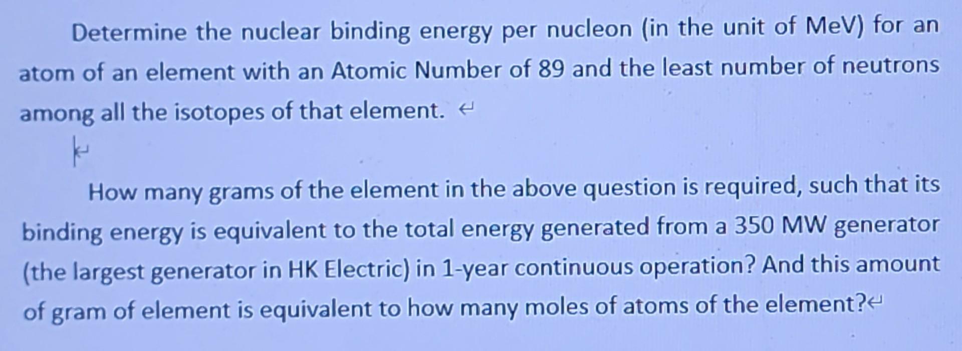 Solved Determine The Nuclear Binding Energy Per Nucleon (in | Chegg.com