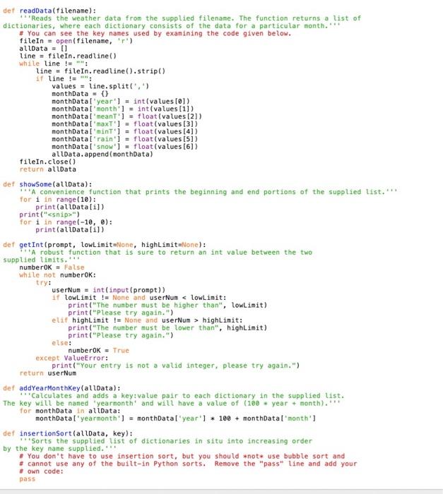 Solved def readData(filename): Reads the weather data from | Chegg.com