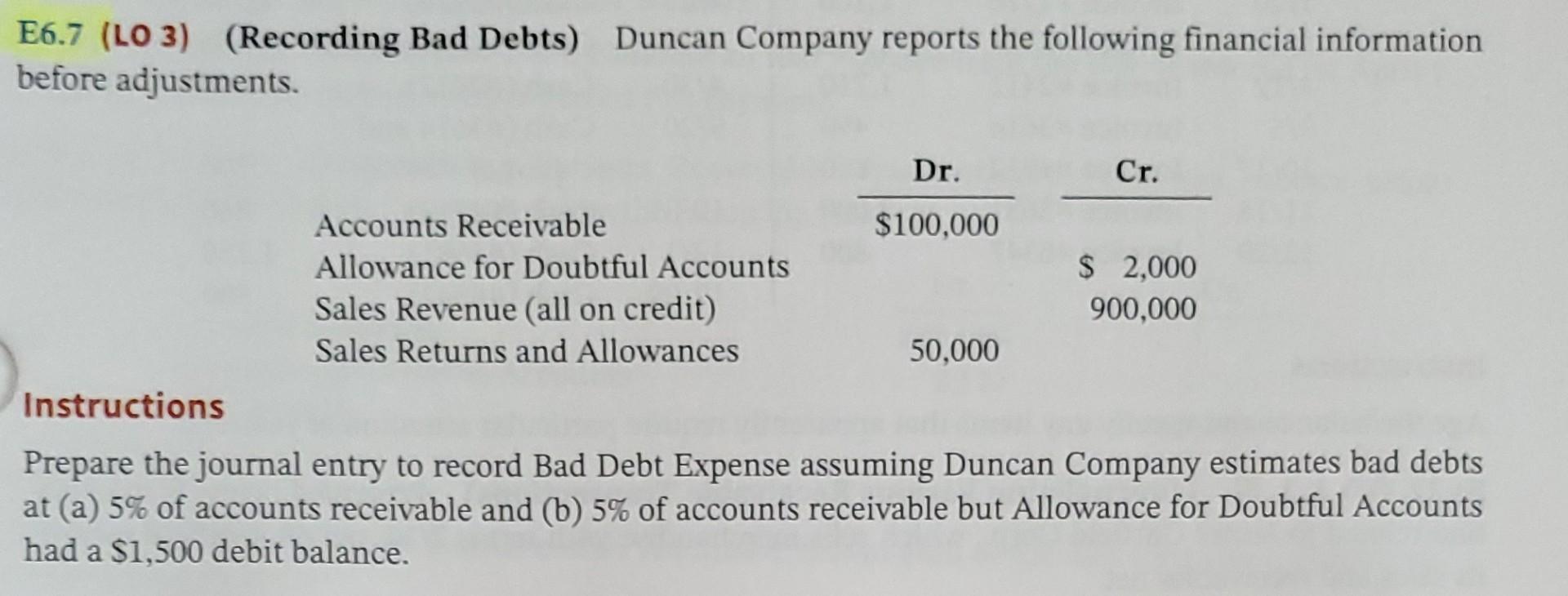 Solved E6.7 (LO 3) (Recording Bad Debts) Duncan Company | Chegg.com