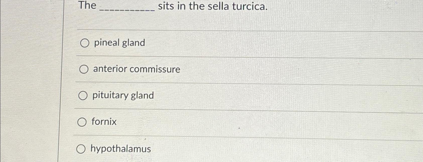 Solved The sits in the sella turcica.pineal glandanterior | Chegg.com