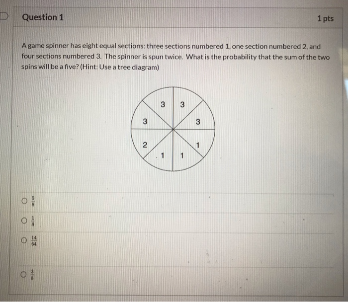 Solved: Question 1 1 Pts A Game Spinner Has Eight Equal Se... | Chegg.com