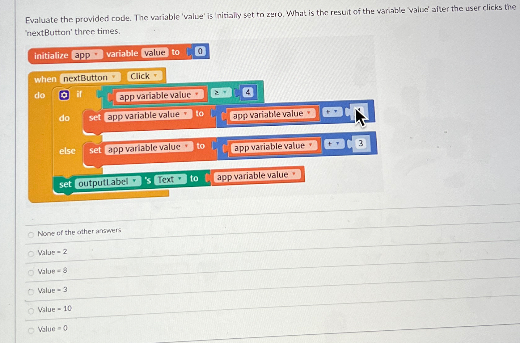 Solved Evaluate the provided code. The variable 'value' is | Chegg.com
