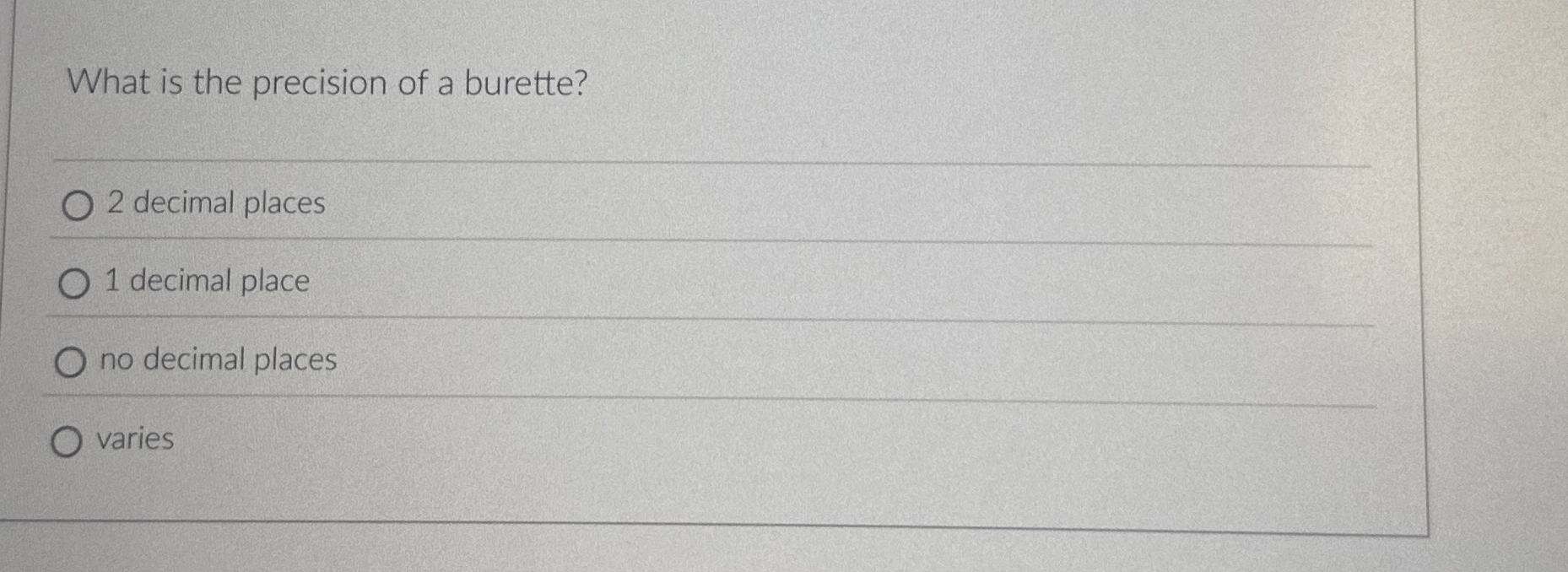 Solved What is the precision of a burette?2 ﻿decimal places1