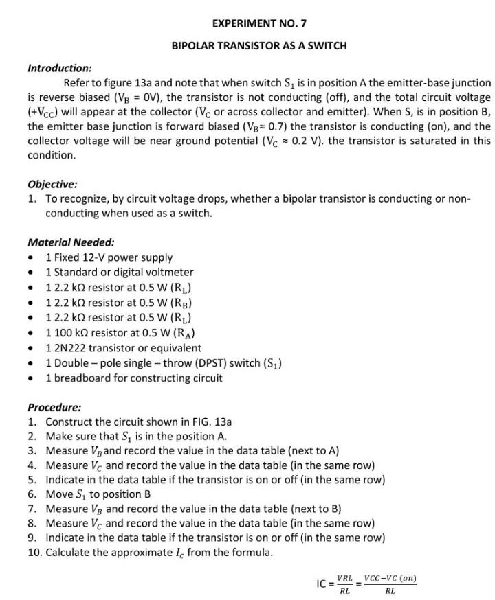 Solved EXPERIMENT NO. 7 BIPOLAR TRANSISTOR AS A SWITCH