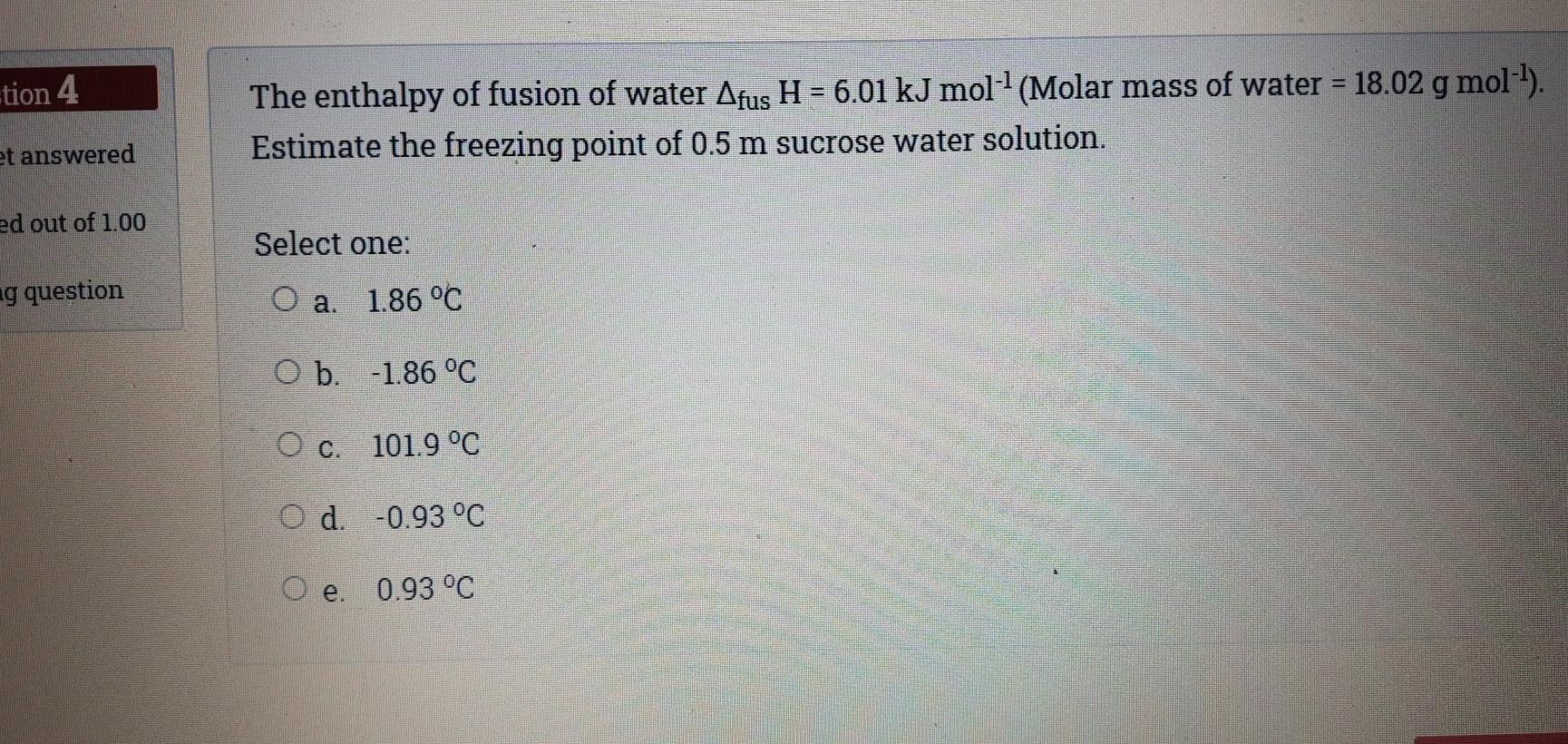 Solved tion 4 The enthalpy of fusion of water Afus H = 6.01 | Chegg.com