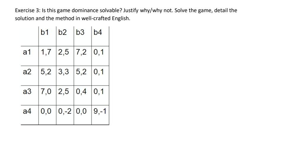 Solved Exercise 3: Is this game dominance solvable? Justify | Chegg.com