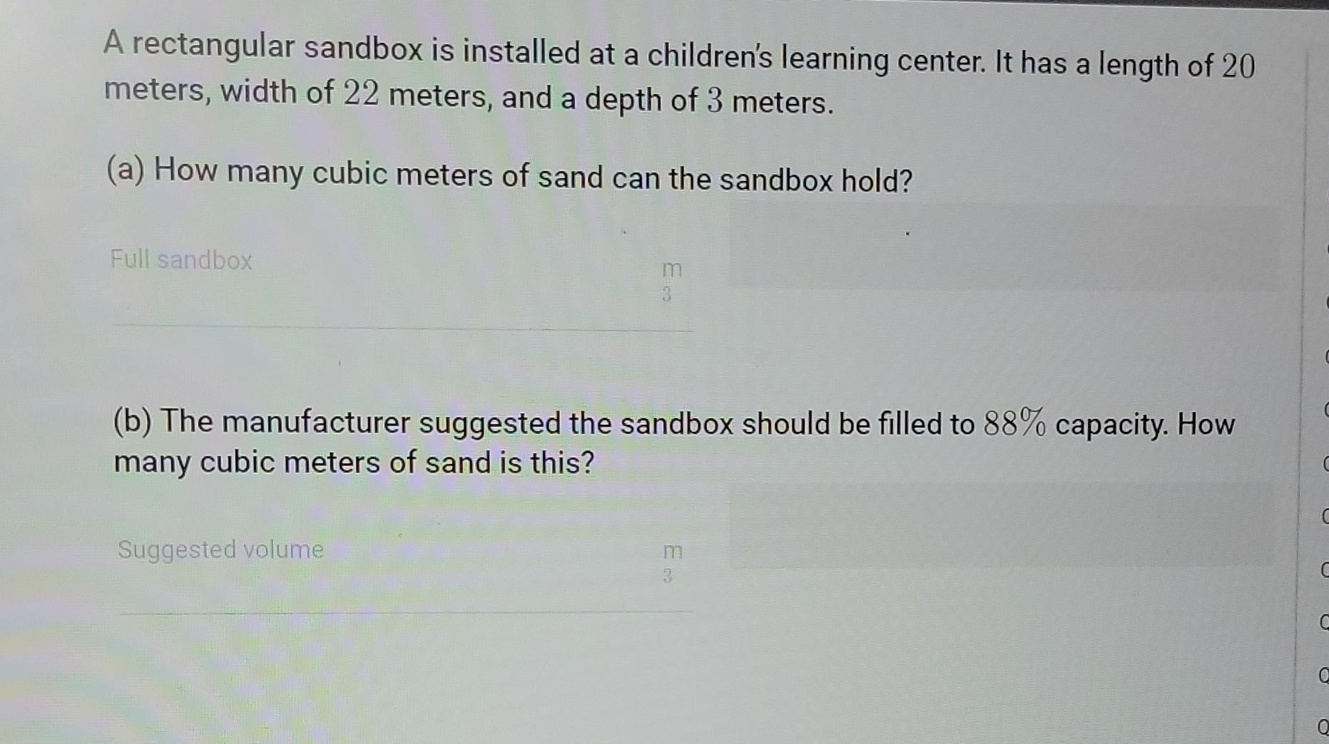 Solved A rectangular sandbox is installed at a children's | Chegg.com