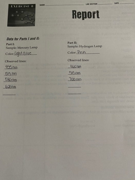 NAME DATE LAB SECTION EXERCISES Report Data for Parts | Chegg.com