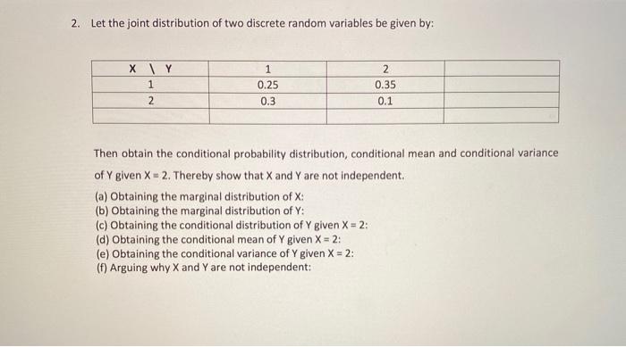 Solved 2. Let the joint distribution of two discrete random | Chegg.com
