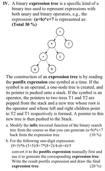 Solved IV. A binary expression tree is a specific kind of a | Chegg.com