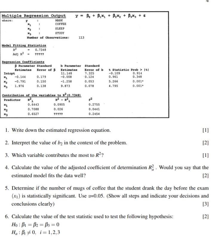 Solved 1. Write down the estimated regression equation. [1] | Chegg.com