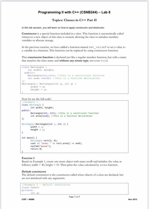 Solved Programming II with C++ (CSNB244) - Lab 8 Topics: | Chegg.com