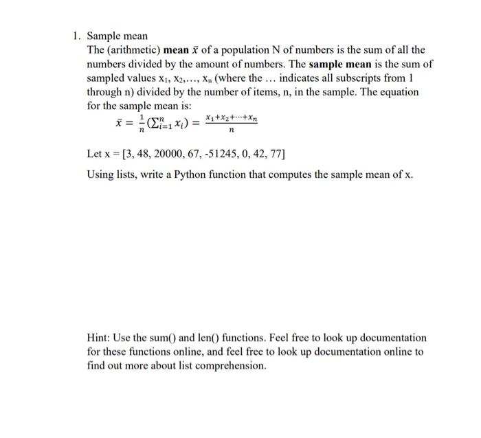 Solved 1. Sample mean The arithmetic) mean ñ of a population | Chegg.com