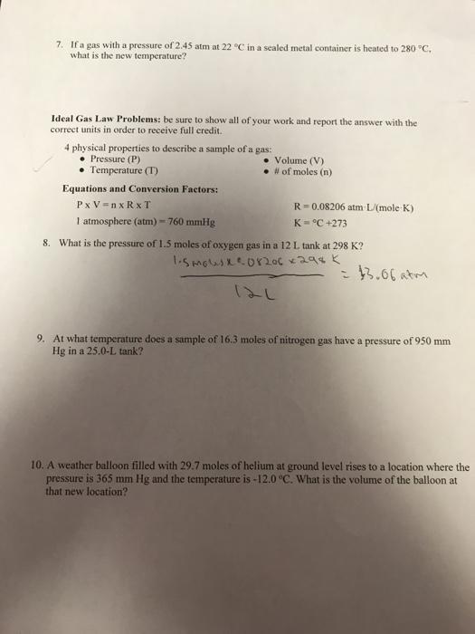 Solved Simple Gas Law Problems: be sure to show all of your | Chegg.com