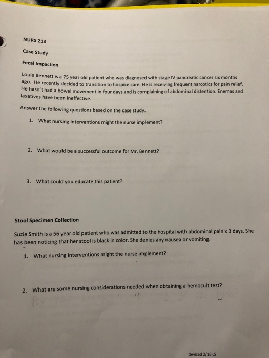 Solved NURS 213 Case Study Fecal Impaction Louie Bennett is | Chegg.com