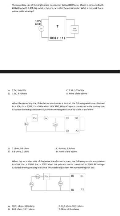 Solved The secondary side of the single phase transformer | Chegg.com