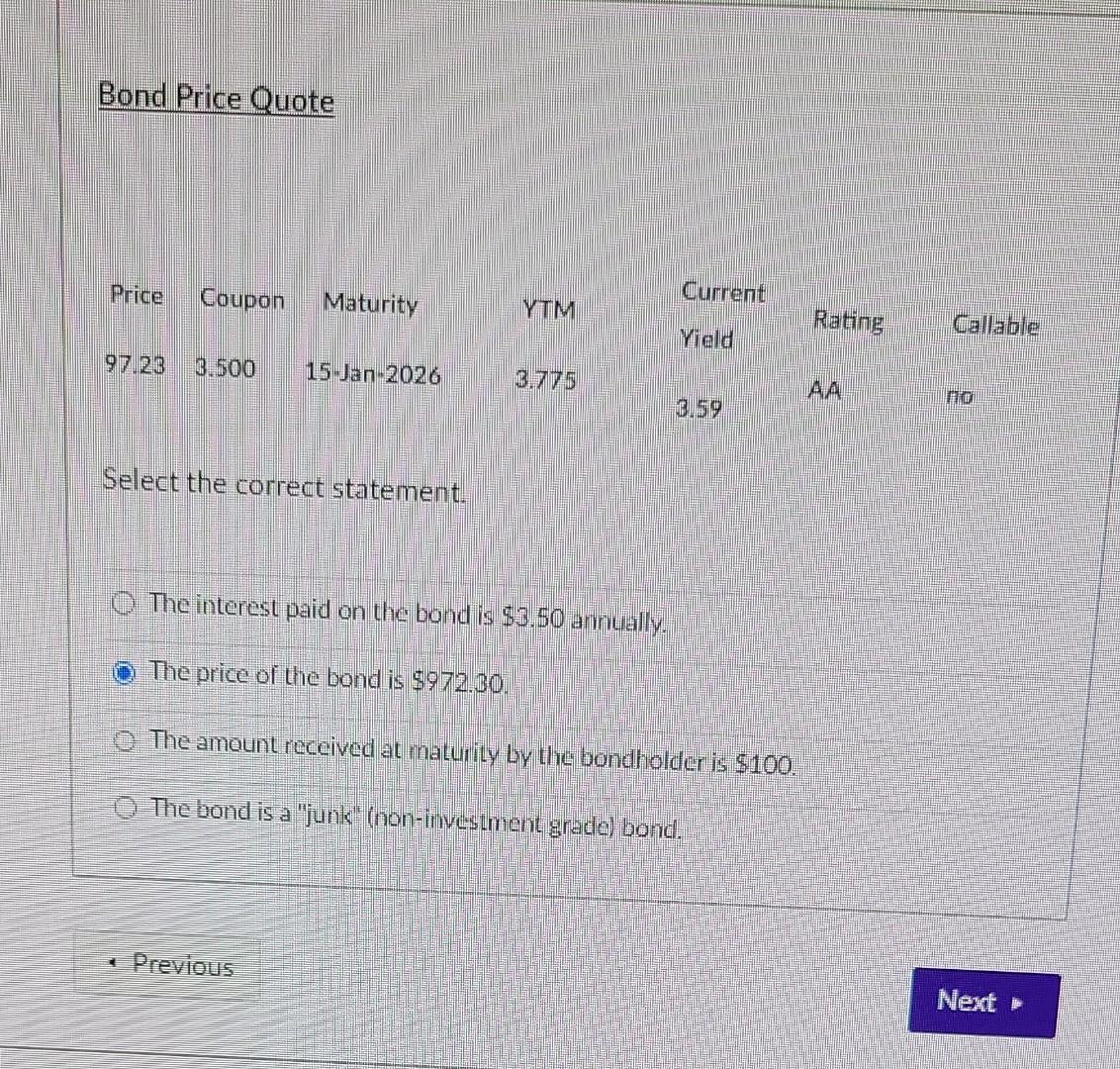 Solved Bond Price Quote Select the correct statement. The