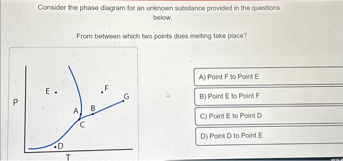 Consider the phase diagram for an unknown substance provided in the questions below.
From between which two points does melti