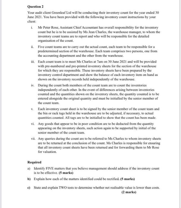 Solved Question 2 Your audit client Greenleaf Lid will be