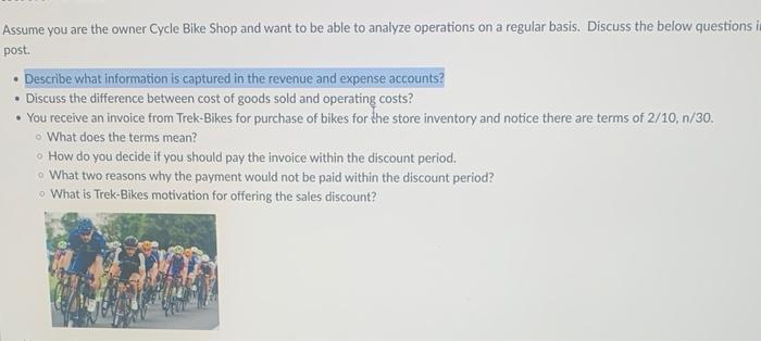 Solved Assume you are the owner Cycle Bike Shop and want to | Chegg.com