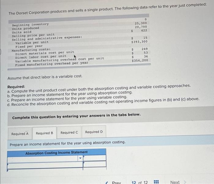 Solved The Dorset Corporation produces and sells a single