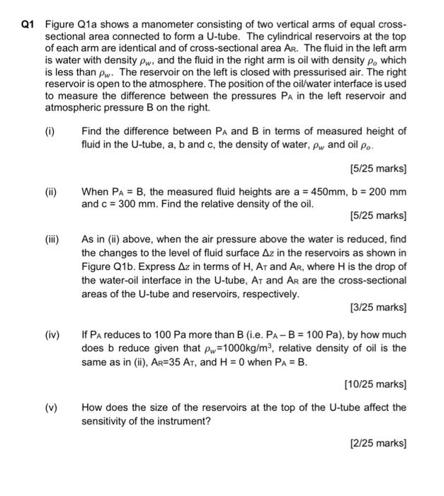 21 Figure Q1a shows a manometer consisting of two vertical arms of equal crosssectional area connected to form a U-tube. The