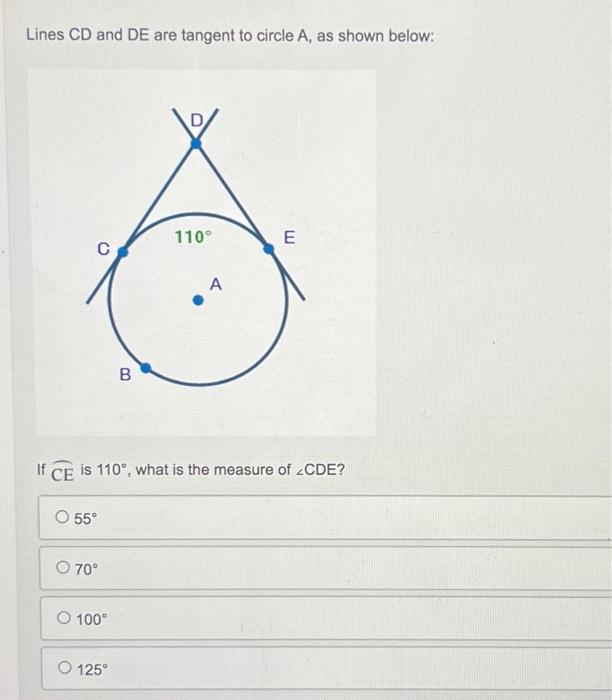 Solved Lines CD and DE are tangent to circle A, as shown