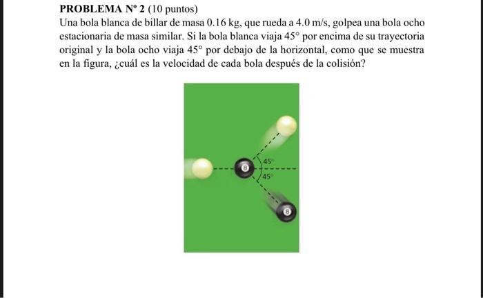 PROBLEMA Nº 2 (10 puntos) Una bola blanca de billar de masa 0.16 kg, que rueda a 4.0 m/s, golpea una bola ocho estacionaria d