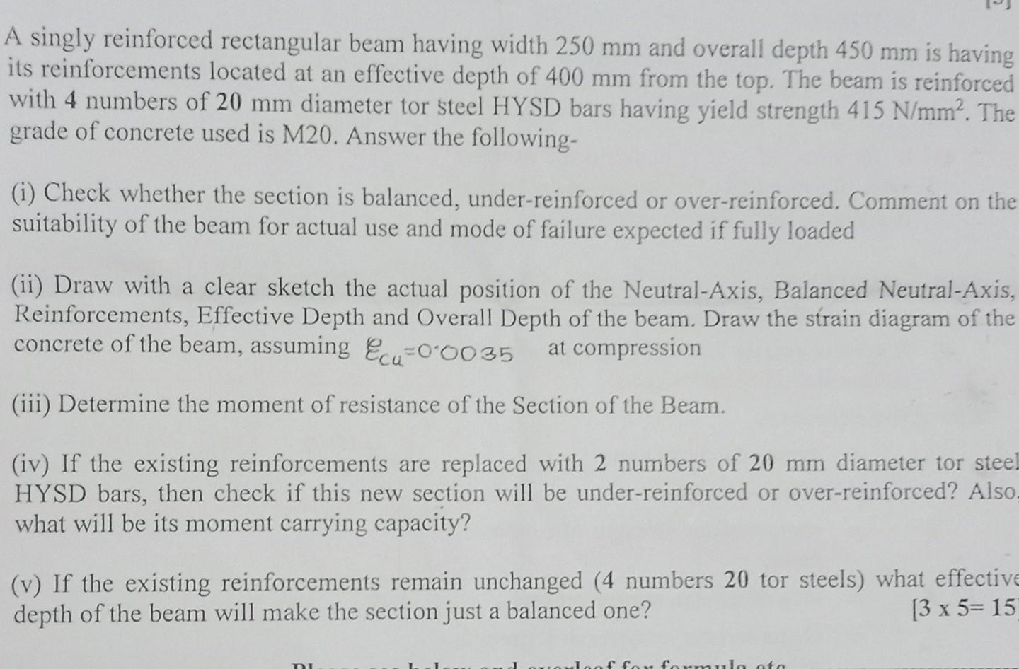 Solved A singly reinforced rectangular beam having width 250 | Chegg.com
