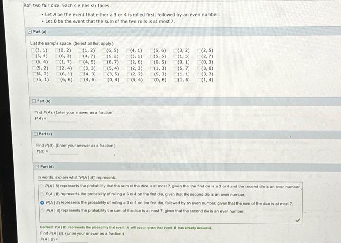 Solved Roll Two Fair Dice. Each Die Has Six Faces. • Let A | Chegg.com