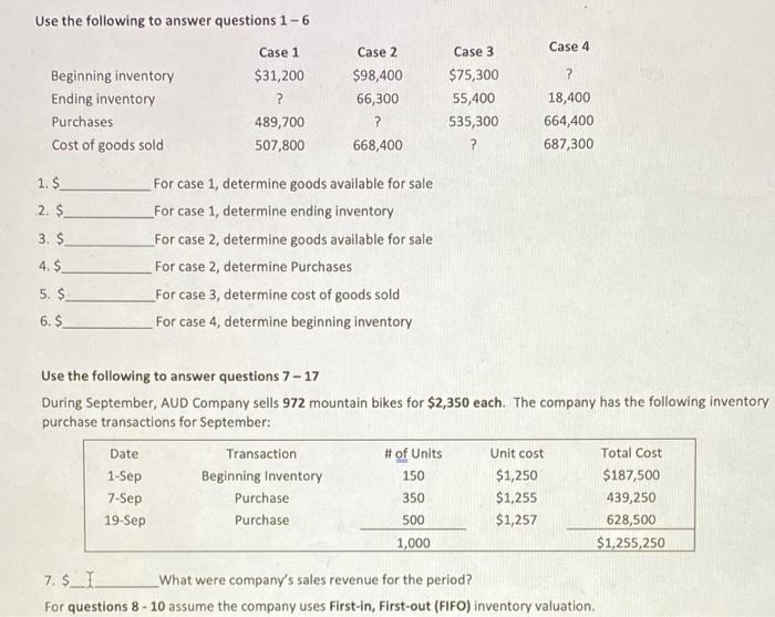 Solved Use the following to answer questions 1 - 6 Case 4 ? | Chegg.com