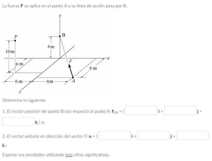 La fuerza \( \mathbf{F} \) se aplica en el punto A y su línea de acción pasa por \( B \). Determine lo siguiente: 1. El vecto