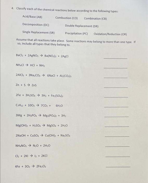 Solved 4. Classify Each Of The Chemical Reactions Below 