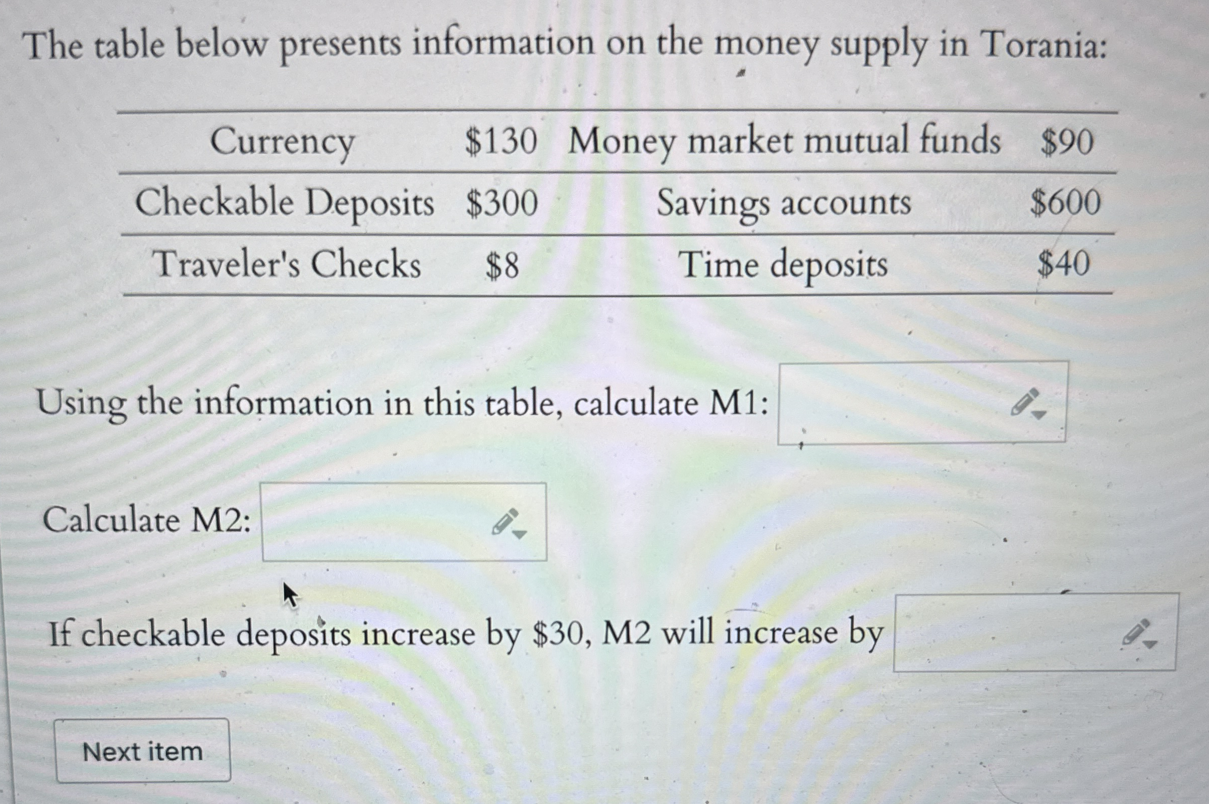Solved The table below presents information on the money | Chegg.com