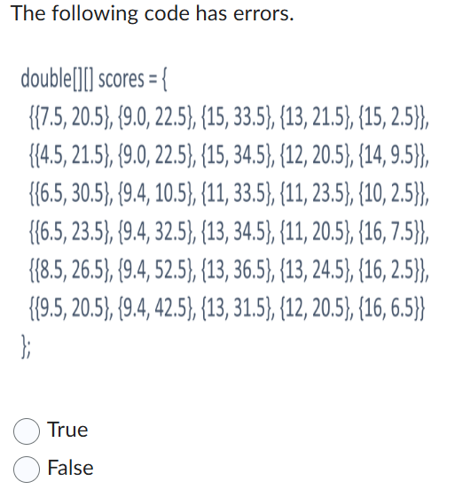 Solved The following code has errors. ﻿double[][] ﻿scores | Chegg.com
