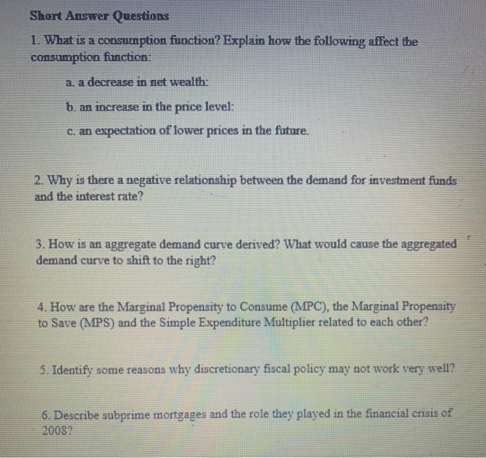 Solved Short Answer Questions 1. What is a consumption | Chegg.com