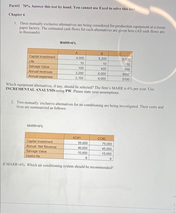 Solved Part#1 70% Answer this test by hand. You cannot use | Chegg.com