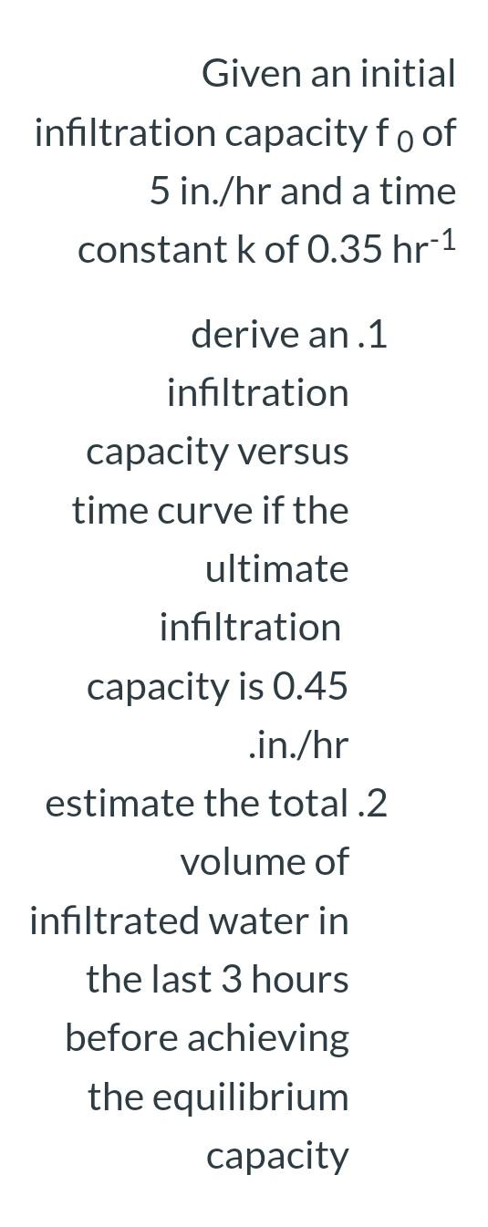 Solved Given an initial infiltration capacity fo of 5 in./hr | Chegg.com