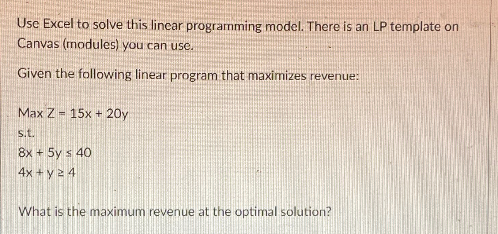 Solved Use Excel To Solve This Linear Programming Model. | Chegg.com