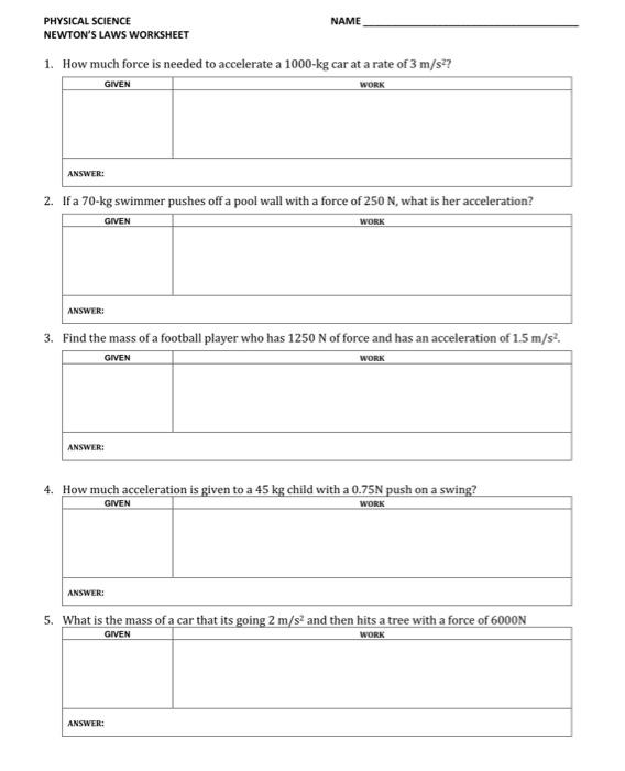 Solved PHYSICAL SCIENCE NAME NEWTON'S LAWS WORKSHEET 1. How | Chegg.com
