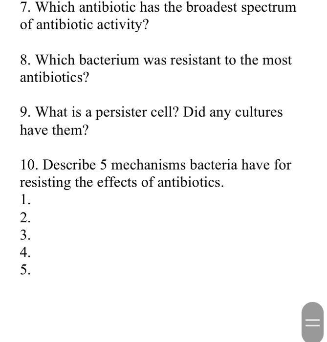 Solved 7. Which antibiotic has the broadest spectrum of