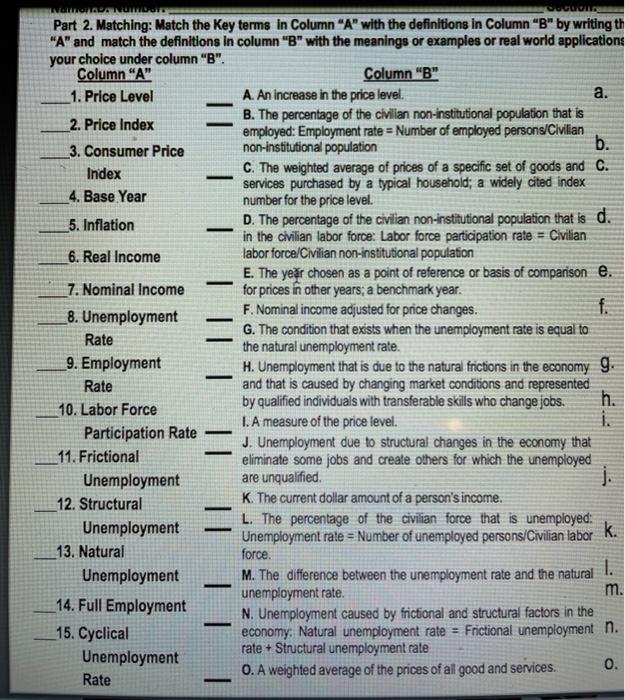 Solved] Match the Key terms in Column A with the definitions in Column