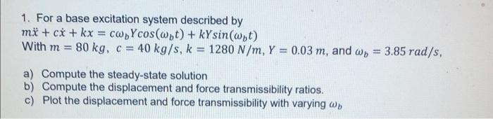 Solved 1. For a base excitation system described by mi + cx | Chegg.com