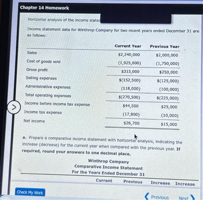 Solved statement data for Winthrop Company for two